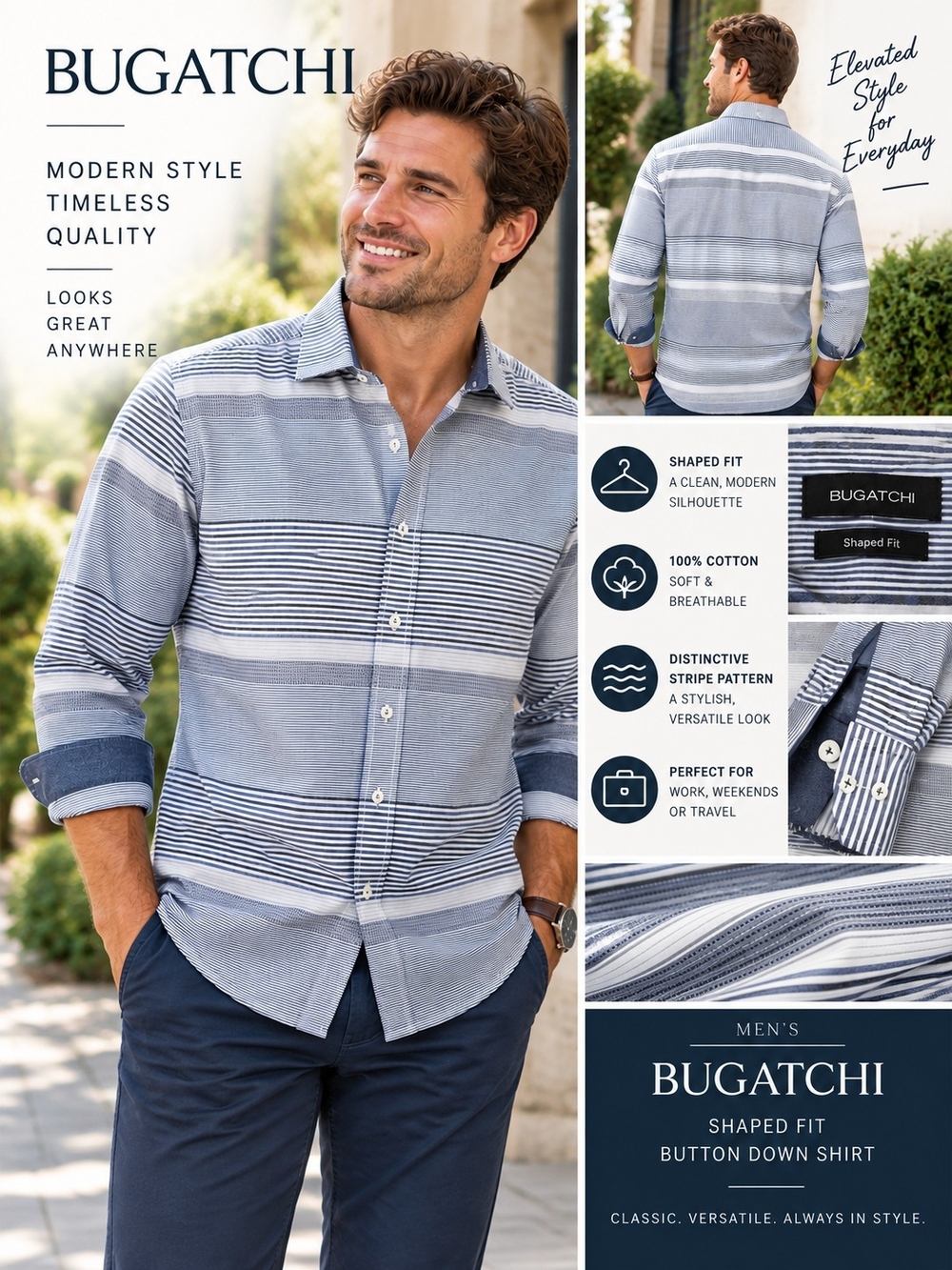 Bugatchi Shaped Fit Men’s Striped Button Down Shirt Blue Gray White